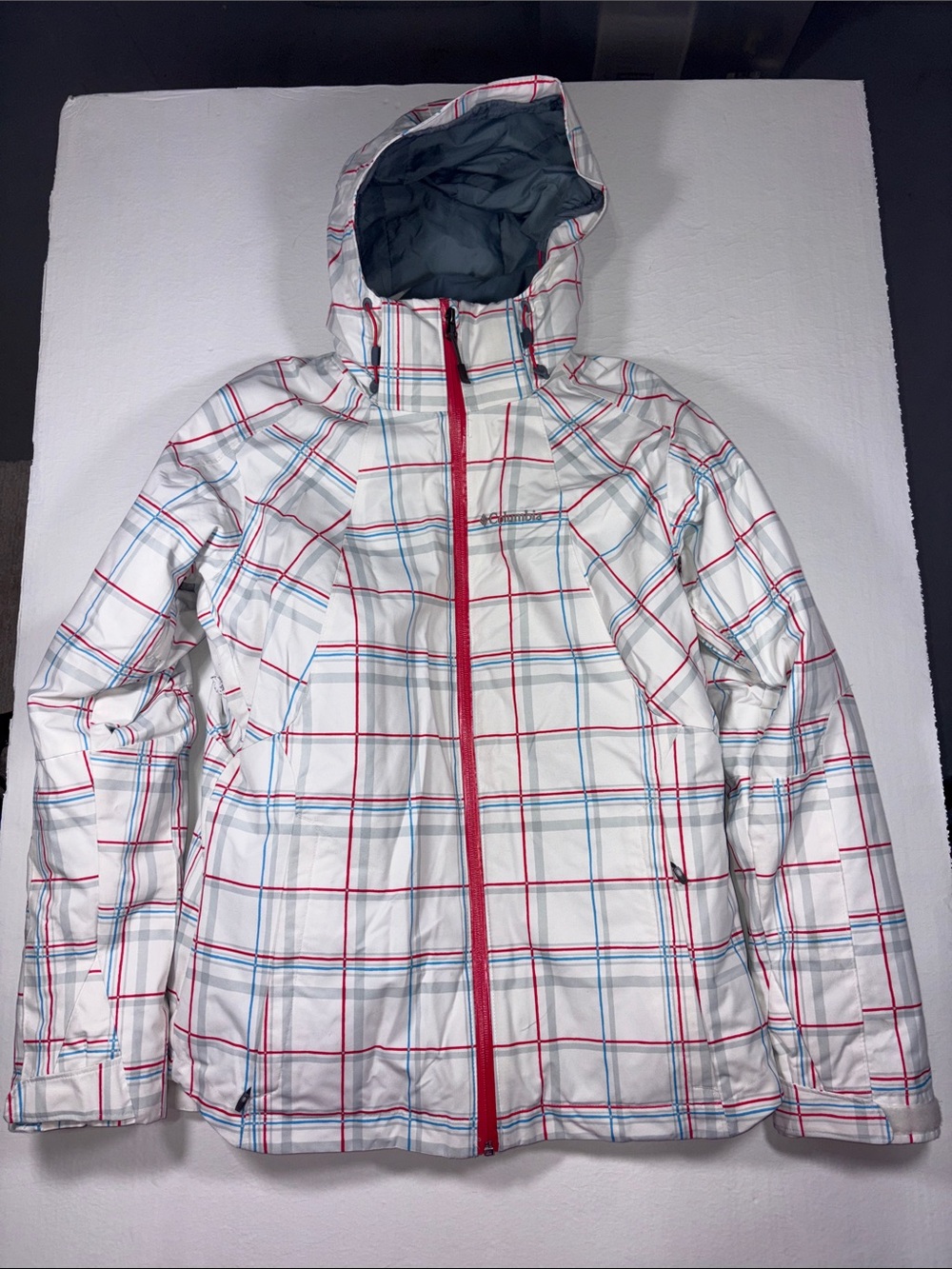 Columbia White Plaid Hooded Ski Jacket Nordic Point Interchange
